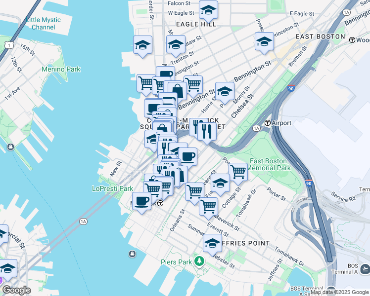 map of restaurants, bars, coffee shops, grocery stores, and more near 76 Chelsea Street in Boston