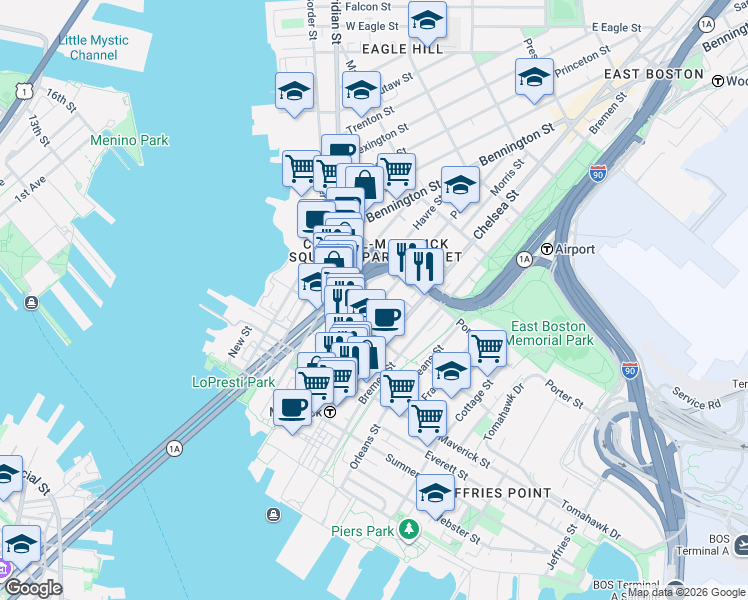 map of restaurants, bars, coffee shops, grocery stores, and more near 76 Chelsea Street in Boston