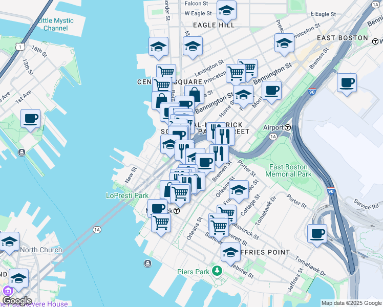 map of restaurants, bars, coffee shops, grocery stores, and more near 86 Paris Street in Boston