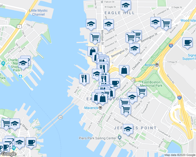 map of restaurants, bars, coffee shops, grocery stores, and more near 89 London Street in Boston