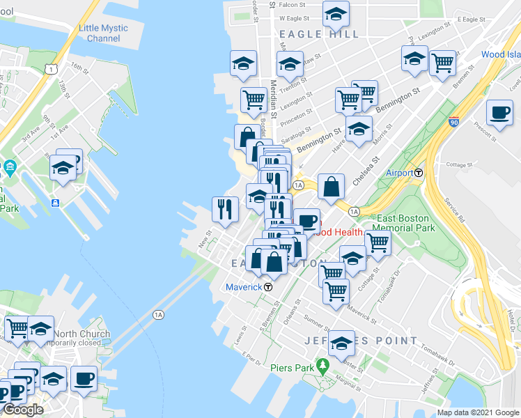 map of restaurants, bars, coffee shops, grocery stores, and more near 89 London Street in Boston