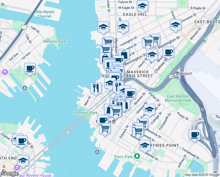 map of restaurants, bars, coffee shops, grocery stores, and more near 89 London Street in Boston