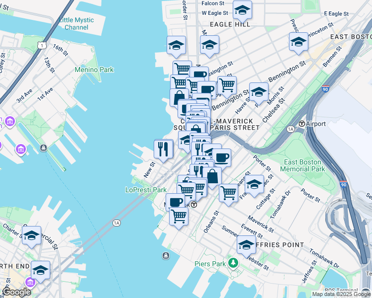 map of restaurants, bars, coffee shops, grocery stores, and more near 89 London Street in Boston