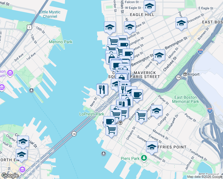map of restaurants, bars, coffee shops, grocery stores, and more near 72 Liverpool Street in Boston
