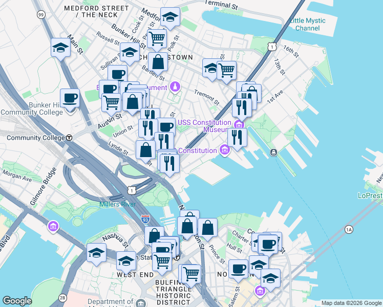 map of restaurants, bars, coffee shops, grocery stores, and more near 62 Constitution Road in Boston