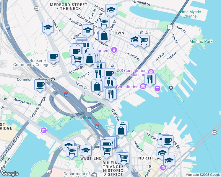 map of restaurants, bars, coffee shops, grocery stores, and more near 100 City Square in Boston