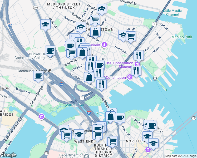 map of restaurants, bars, coffee shops, grocery stores, and more near 100 City Square in Boston
