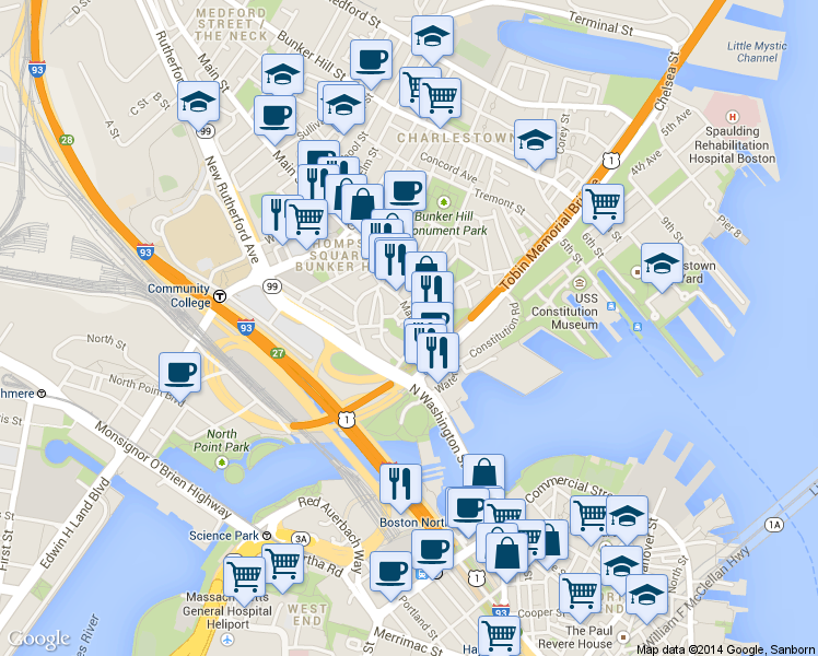 map of restaurants, bars, coffee shops, grocery stores, and more near 1 City Square in Boston