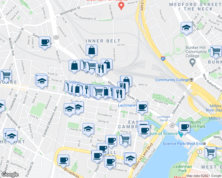 map of restaurants, bars, coffee shops, grocery stores, and more near 92 Gore Street in Cambridge