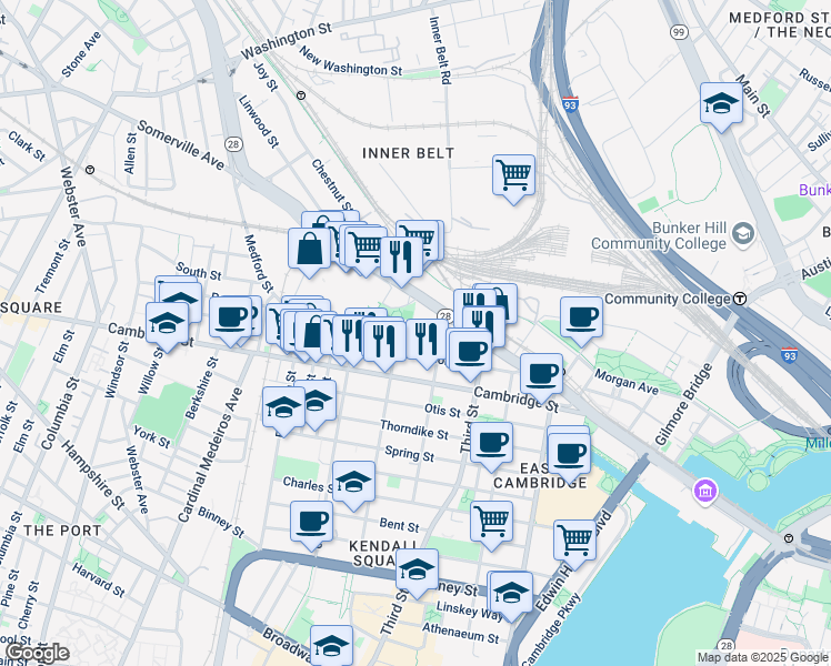 map of restaurants, bars, coffee shops, grocery stores, and more near 91 Gore Street in Cambridge