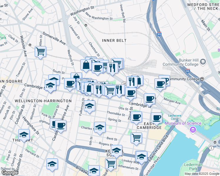 map of restaurants, bars, coffee shops, grocery stores, and more near in Cambridge
