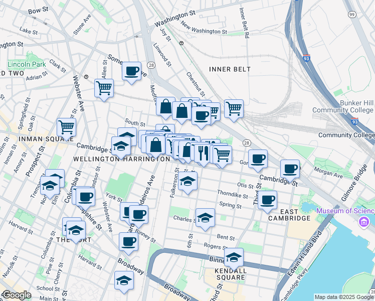 map of restaurants, bars, coffee shops, grocery stores, and more near 621 Cambridge Street in Cambridge