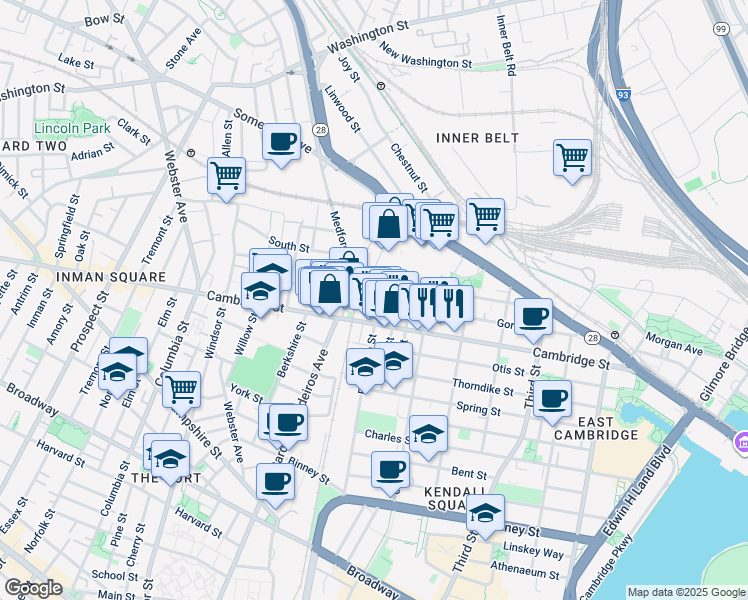 map of restaurants, bars, coffee shops, grocery stores, and more near 621 Cambridge Street in Cambridge