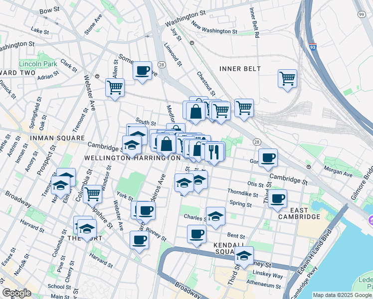 map of restaurants, bars, coffee shops, grocery stores, and more near 621 Cambridge Street in Cambridge