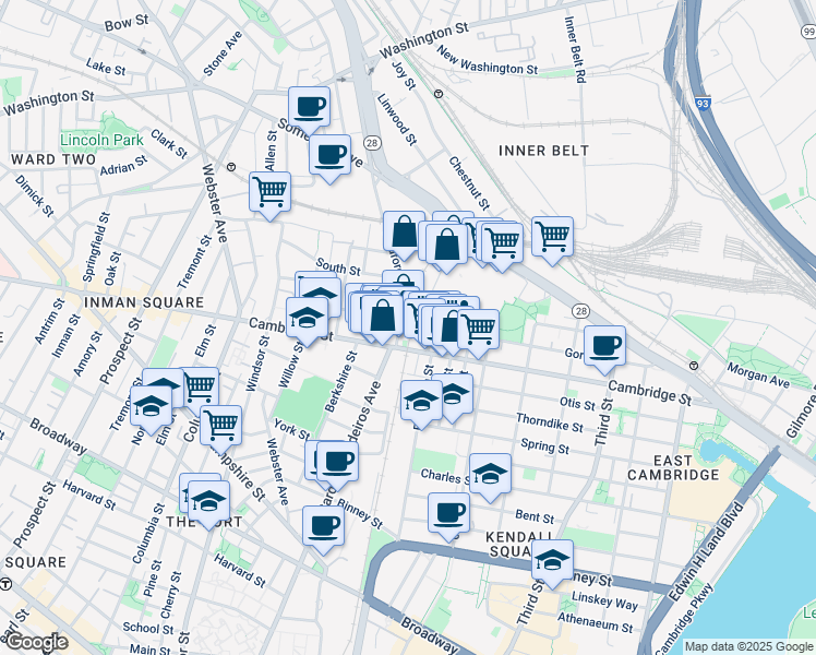 map of restaurants, bars, coffee shops, grocery stores, and more near 723 Cambridge Street in Cambridge
