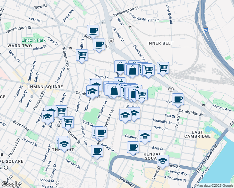 map of restaurants, bars, coffee shops, grocery stores, and more near 723 Cambridge Street in Cambridge