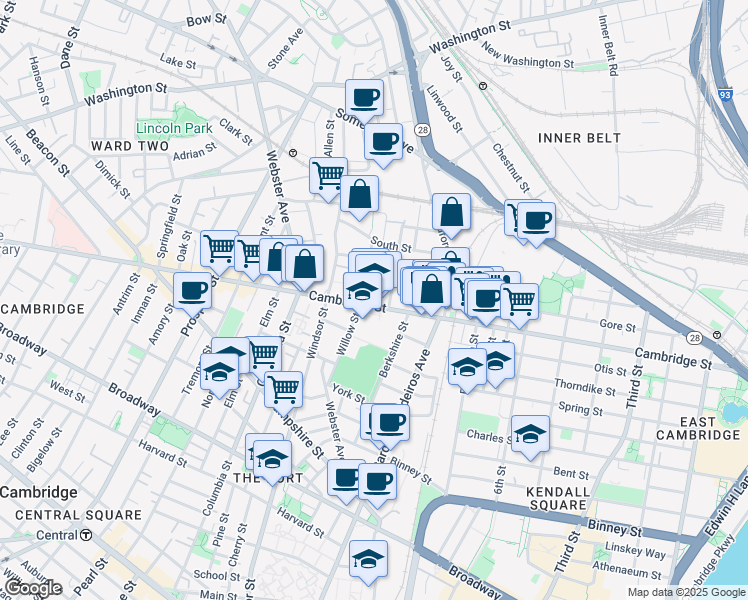 map of restaurants, bars, coffee shops, grocery stores, and more near 832 Cambridge Street in Cambridge