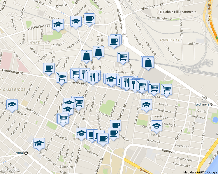 map of restaurants, bars, coffee shops, grocery stores, and more near 832 Cambridge Street in Cambridge