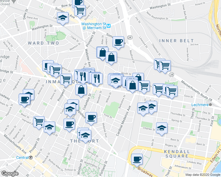 map of restaurants, bars, coffee shops, grocery stores, and more near 3 Palermo Street in Cambridge