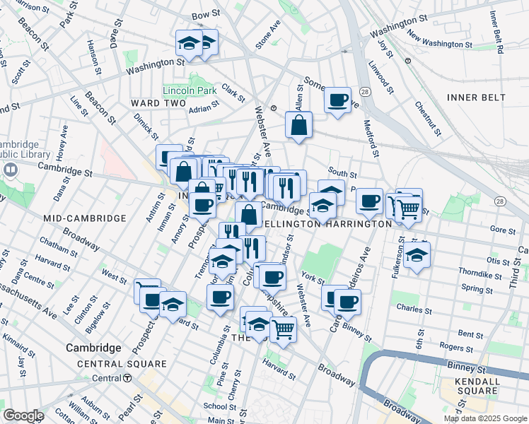 map of restaurants, bars, coffee shops, grocery stores, and more near 361 Columbia Street in Cambridge