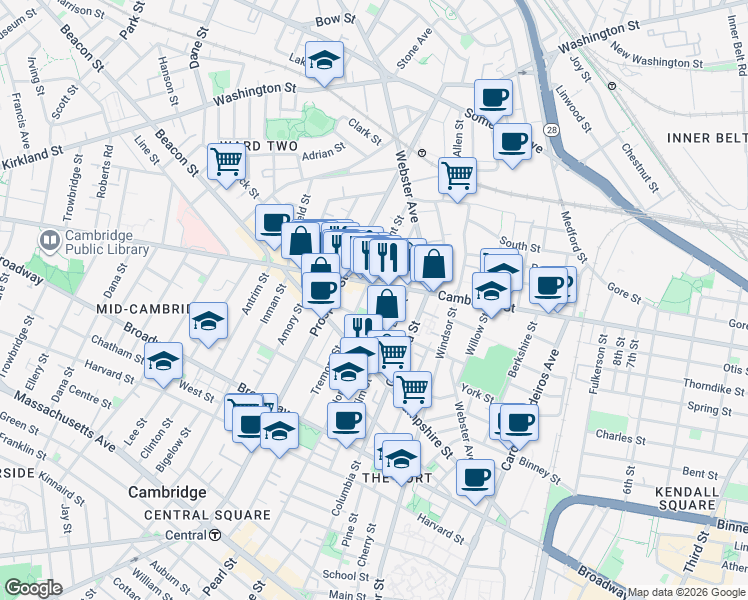 map of restaurants, bars, coffee shops, grocery stores, and more near 283 Norfolk Street in Cambridge