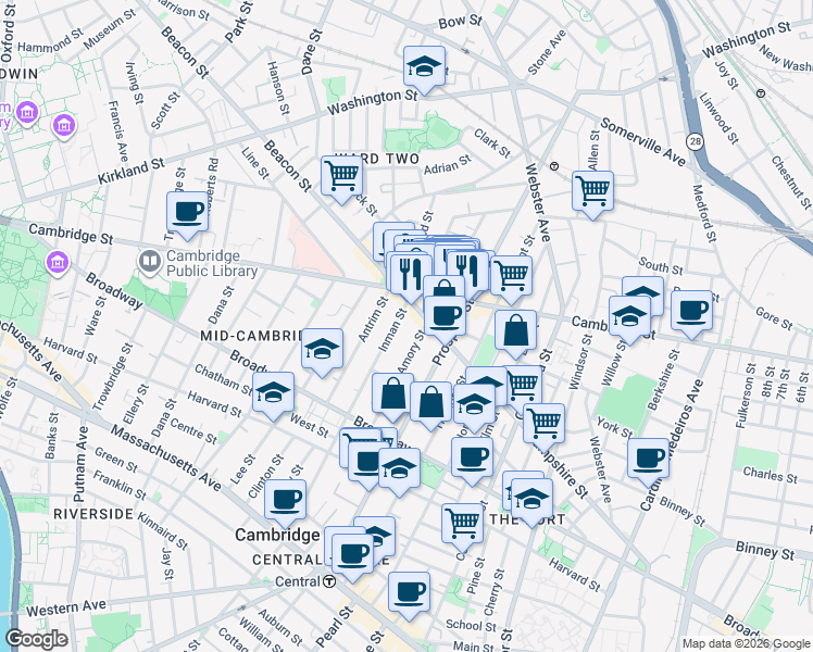 map of restaurants, bars, coffee shops, grocery stores, and more near 124 Amory Street in Cambridge