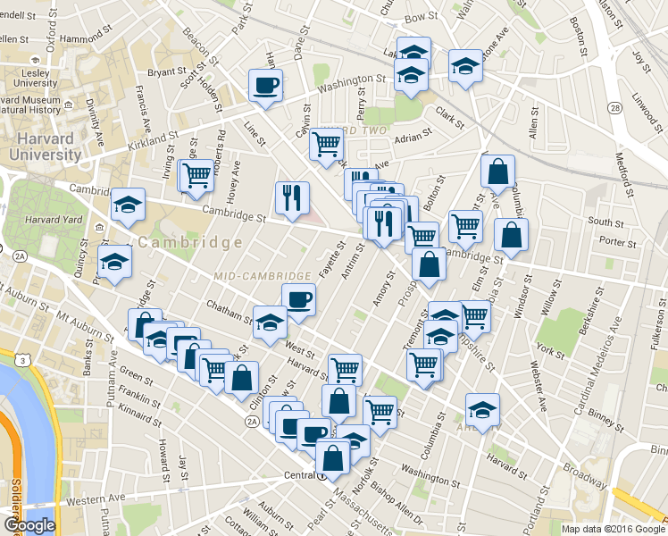 map of restaurants, bars, coffee shops, grocery stores, and more near 65 Antrim Street in Cambridge