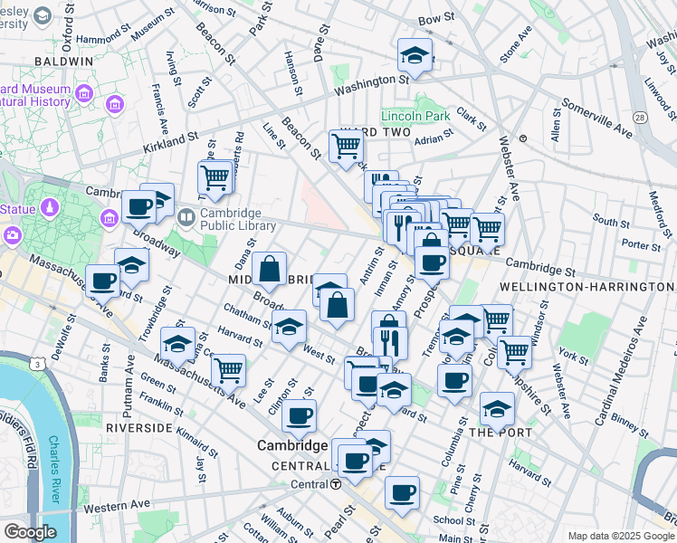 map of restaurants, bars, coffee shops, grocery stores, and more near 65 Antrim Street in Cambridge
