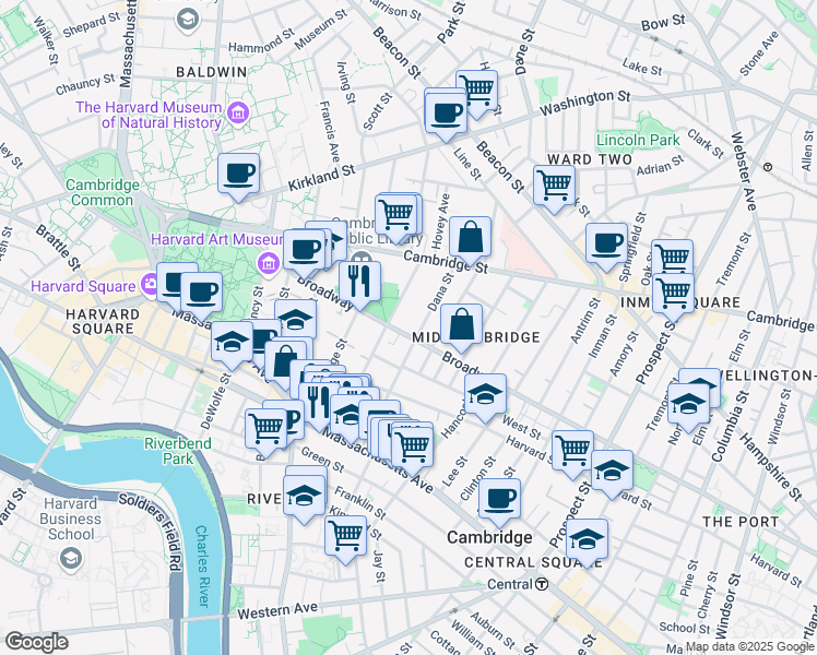 map of restaurants, bars, coffee shops, grocery stores, and more near 43 Dana Street in Cambridge
