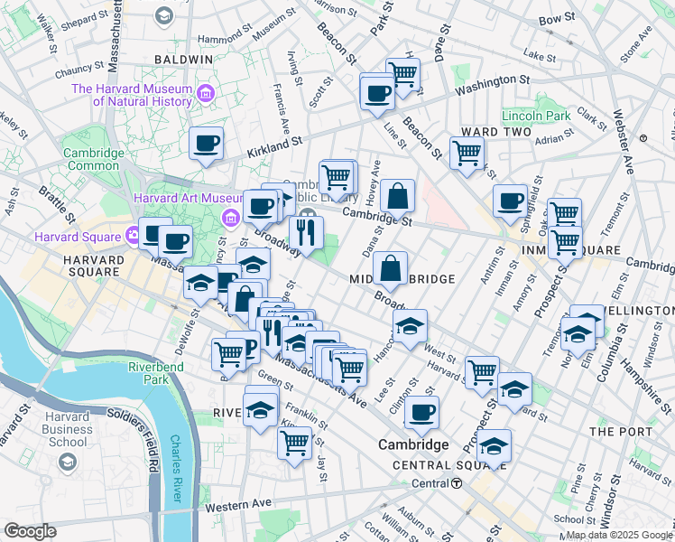 map of restaurants, bars, coffee shops, grocery stores, and more near 43 Dana Street in Cambridge