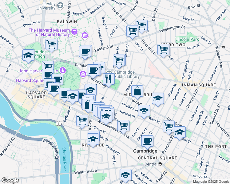 map of restaurants, bars, coffee shops, grocery stores, and more near in Cambridge