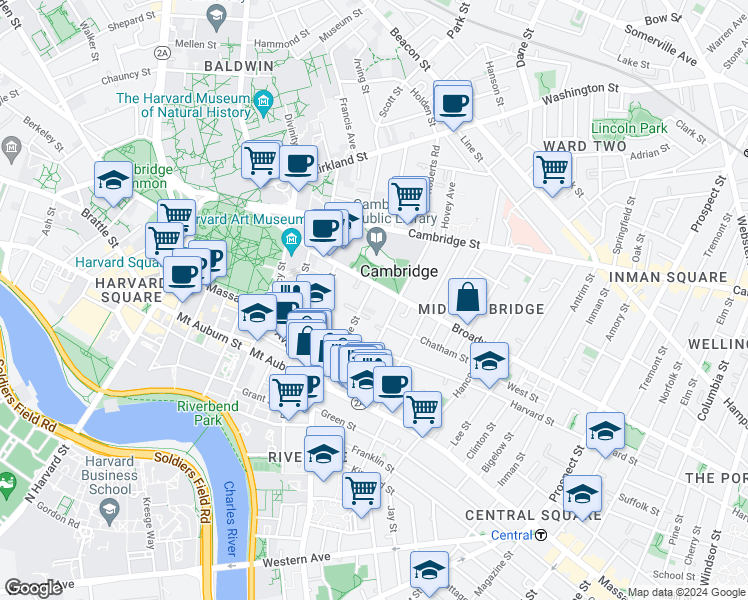 map of restaurants, bars, coffee shops, grocery stores, and more near in Cambridge