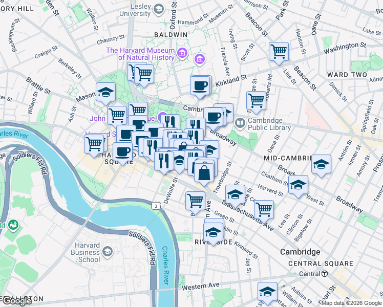 map of restaurants, bars, coffee shops, grocery stores, and more near 1166 Massachusetts Avenue in Cambridge