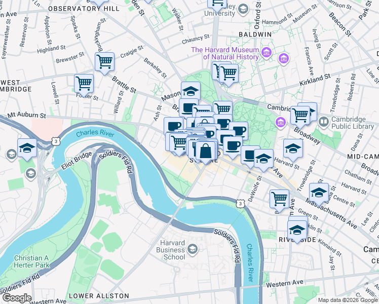map of restaurants, bars, coffee shops, grocery stores, and more near 5 Bennett Street in Cambridge