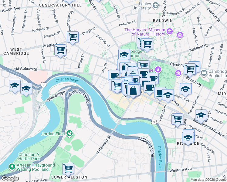 map of restaurants, bars, coffee shops, grocery stores, and more near 975 Memorial Drive in Cambridge