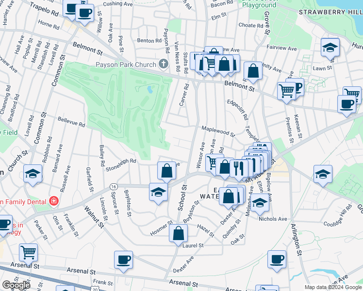 map of restaurants, bars, coffee shops, grocery stores, and more near 25 Shattuck Road in Watertown