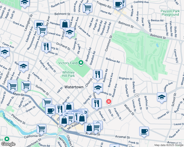 map of restaurants, bars, coffee shops, grocery stores, and more near 165 Church Street in Watertown