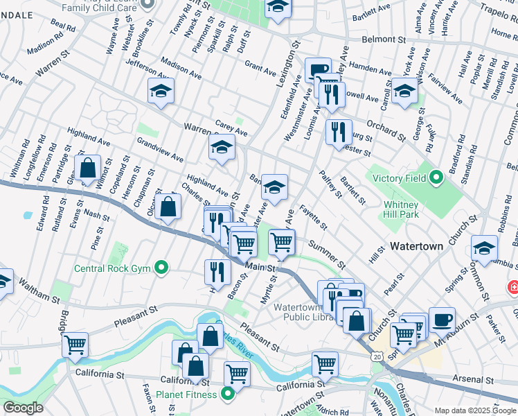 map of restaurants, bars, coffee shops, grocery stores, and more near 54 Westminster Avenue in Watertown
