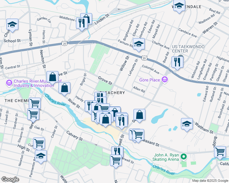 map of restaurants, bars, coffee shops, grocery stores, and more near 152 Grove Street in Waltham