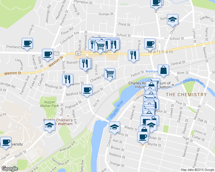 map of restaurants, bars, coffee shops, grocery stores, and more near 8 Fern Street in Waltham
