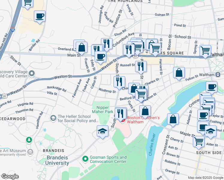 map of restaurants, bars, coffee shops, grocery stores, and more near 18 Pearl Street in Waltham