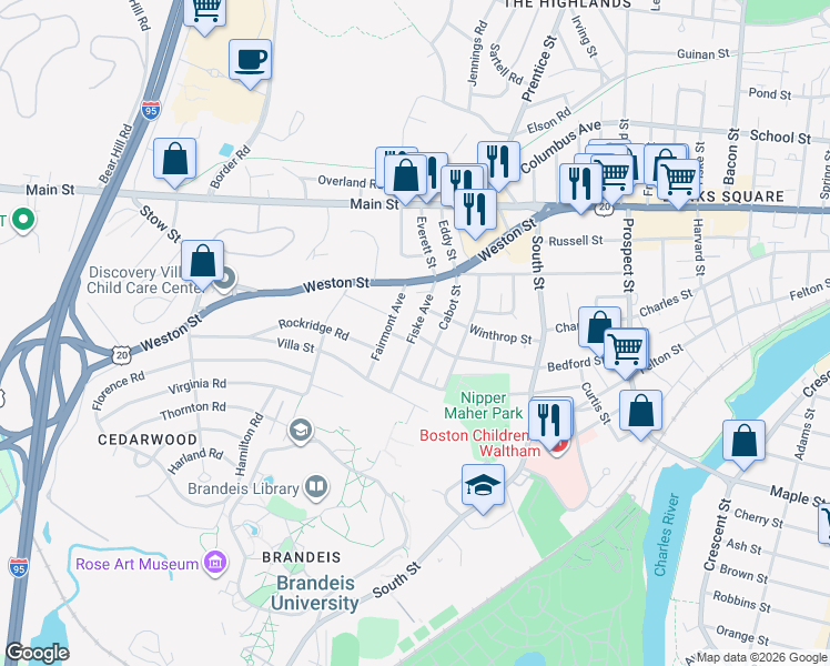 map of restaurants, bars, coffee shops, grocery stores, and more near 77 Cabot Street in Waltham