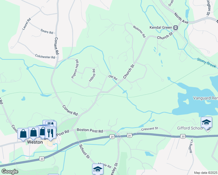 map of restaurants, bars, coffee shops, grocery stores, and more near 73 Church Street in Weston