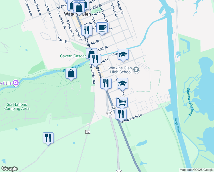 map of restaurants, bars, coffee shops, grocery stores, and more near 407 South Franklin Street in Watkins Glen
