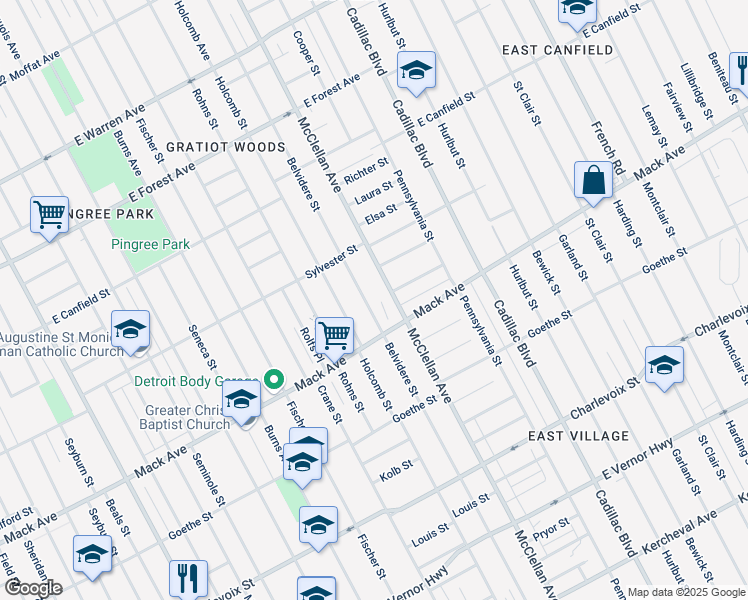 map of restaurants, bars, coffee shops, grocery stores, and more near 9211 Mack Avenue in Detroit