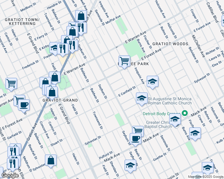 map of restaurants, bars, coffee shops, grocery stores, and more near 4417 Van Dyke Street in Detroit