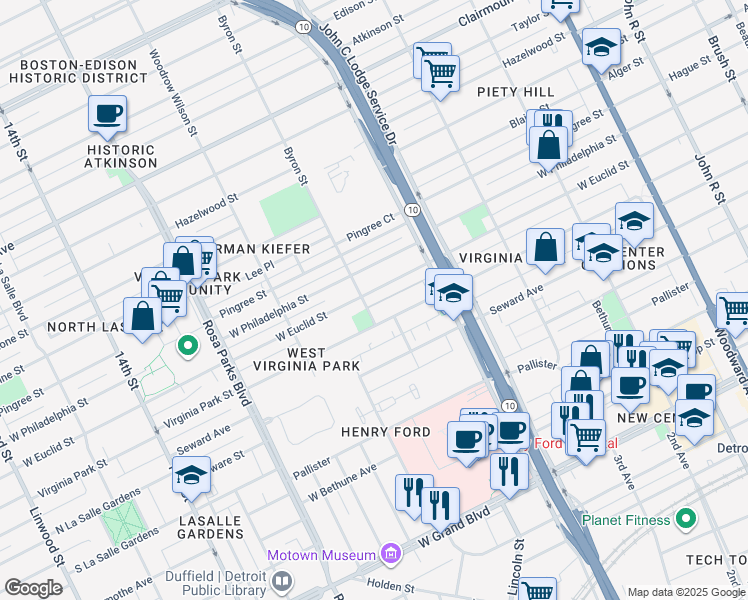 map of restaurants, bars, coffee shops, grocery stores, and more near 1406 Virginia Park Street in Detroit