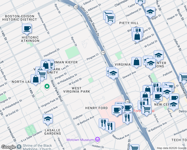 map of restaurants, bars, coffee shops, grocery stores, and more near 1406 Virginia Park Street in Detroit