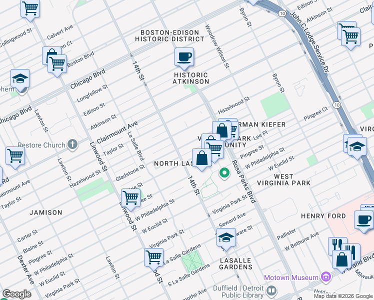 map of restaurants, bars, coffee shops, grocery stores, and more near 2070 Blaine Street in Detroit