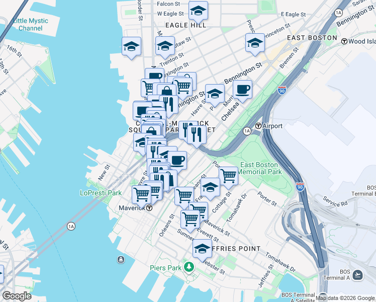 map of restaurants, bars, coffee shops, grocery stores, and more near 5 Drake Place in Boston